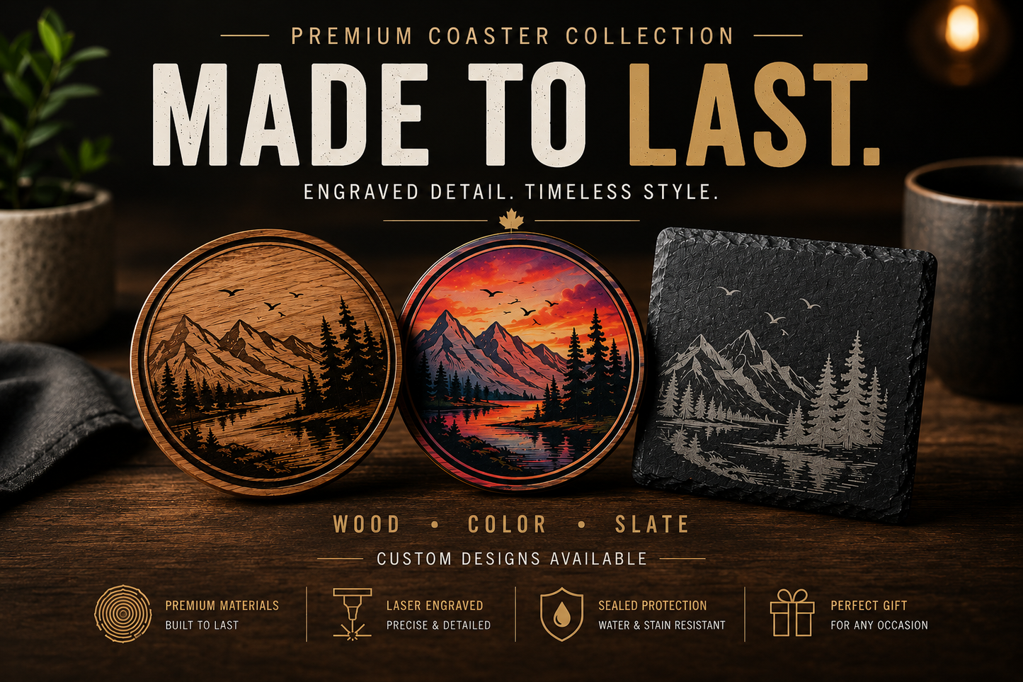 Custom Engraved wood and Slate Coasters